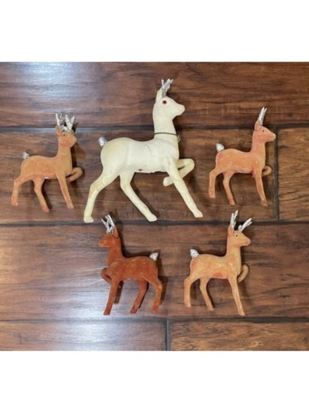 Vintage Christmas Reindeer White Brown Flocked Plastic Lot Of 5 Retro MCM READ